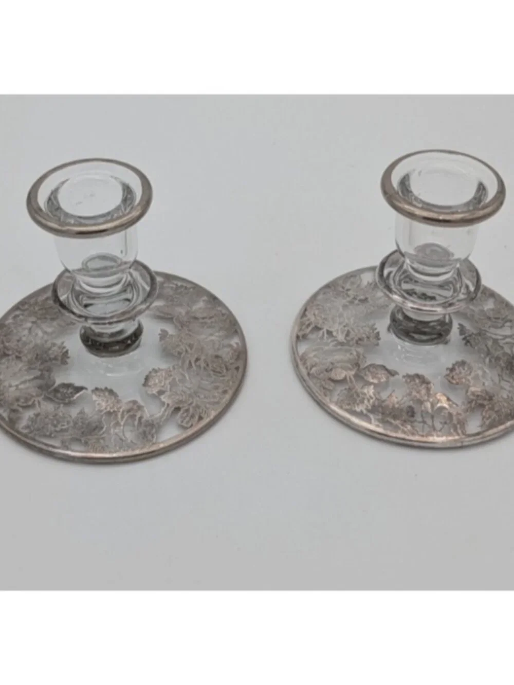lot of 2 Vintage  single candlesticks holders glass silver floral overlay design